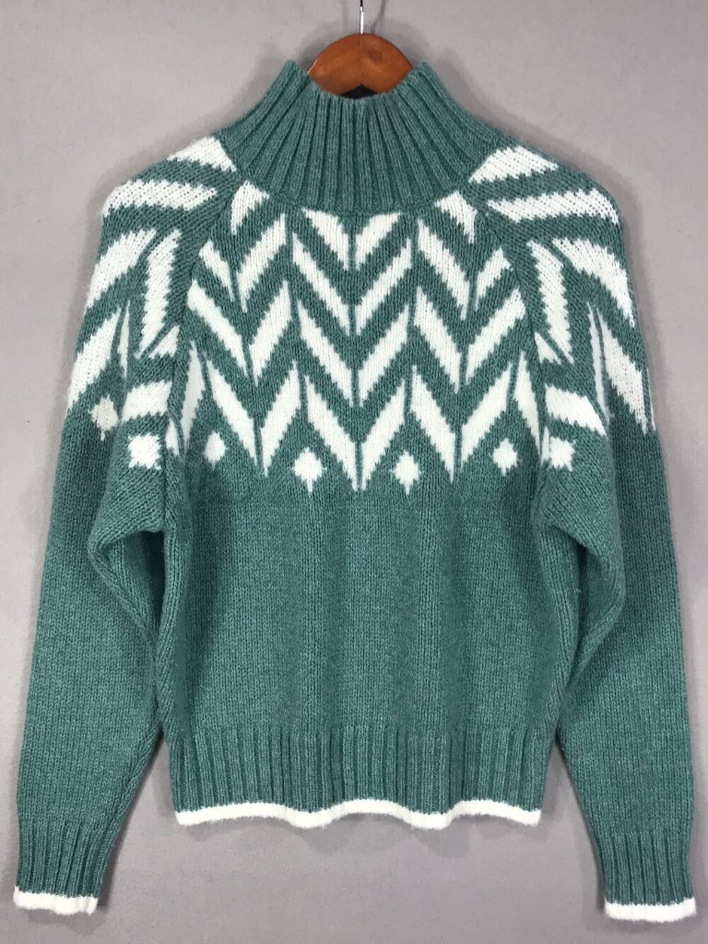 A New Day Sweater Women's Small Green Fair Isle Pullover Mock Neck Long Sleeve